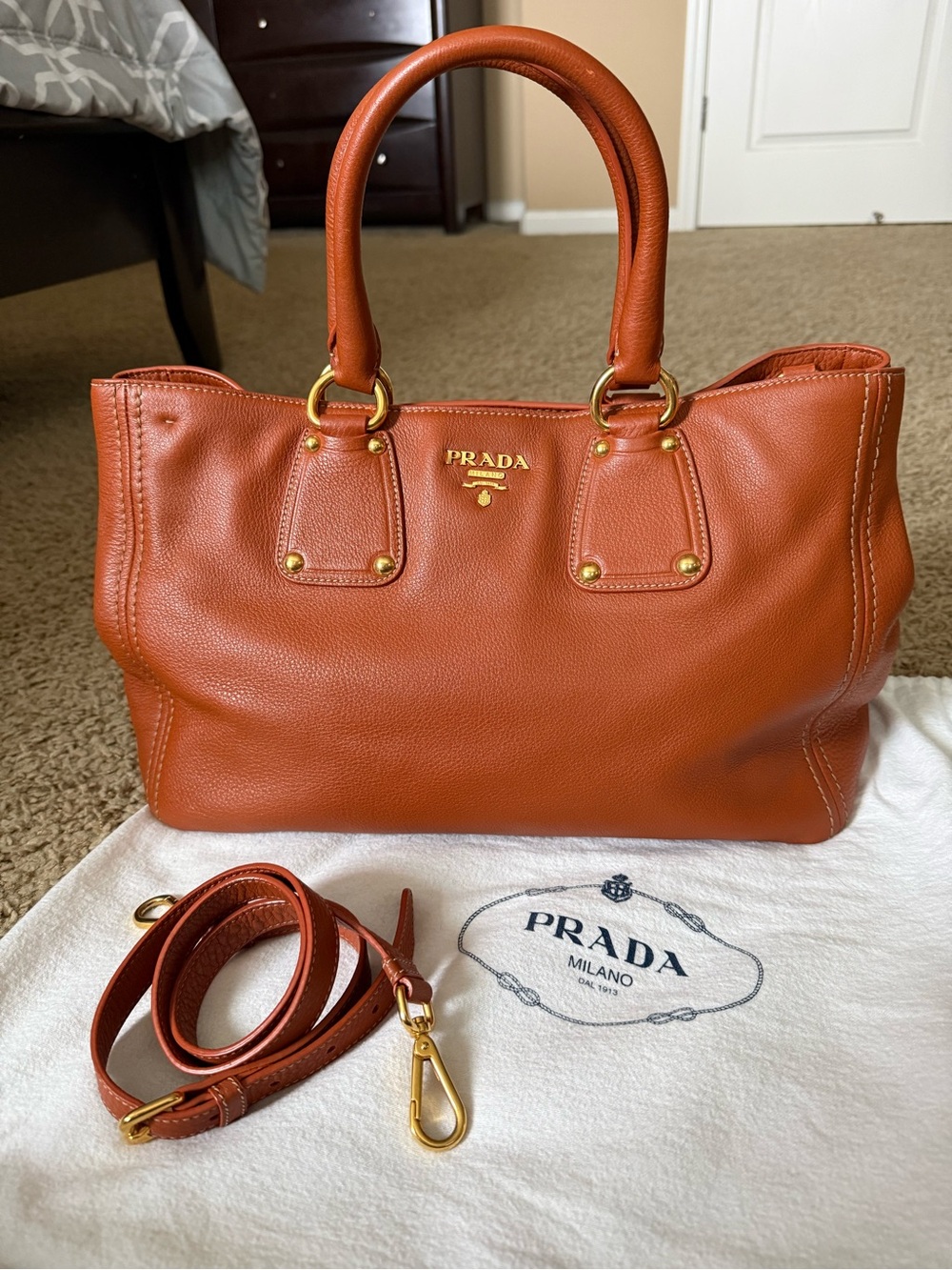 Prada Burnt Orange Leather Satchel with Gold Hardware